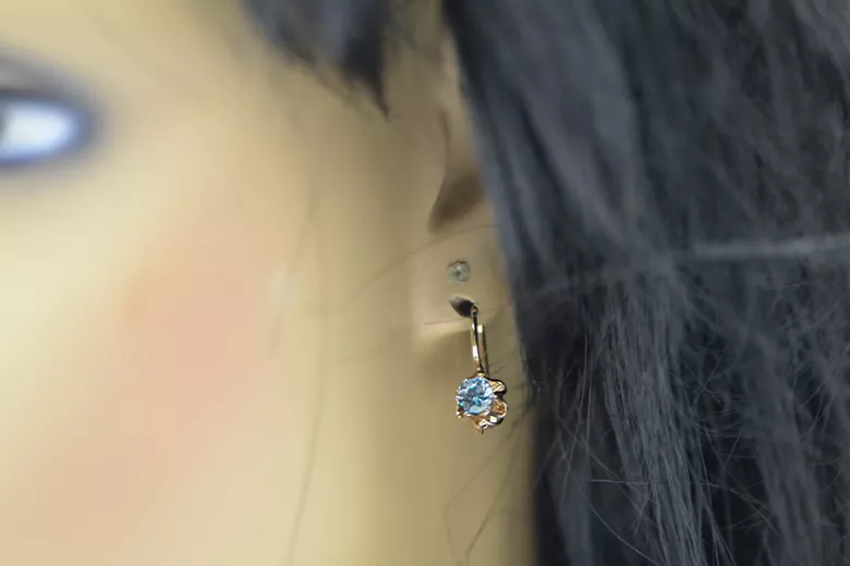 14K розово червено злато 14k 583 Aquamarine Обеци vec013 Руски Съветски СССР Винтидж Ар-деко style